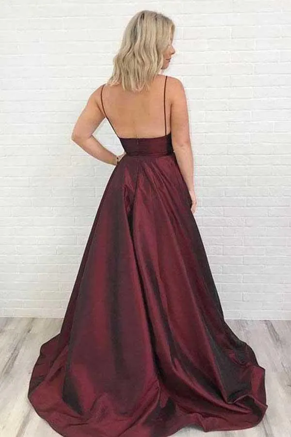 Simple Burgundy Satin A-line Spaghetti Straps V Neck Prom Dress With Train, SP619