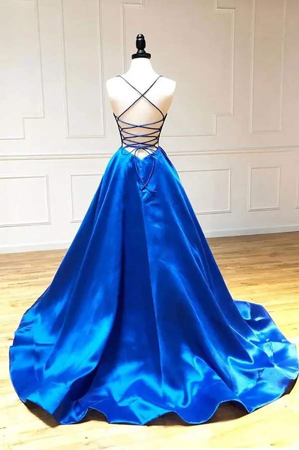 Simple Royal Blue A-line V-neck Spaghetti Straps Long Prom Dresses Party Dresses, SP612