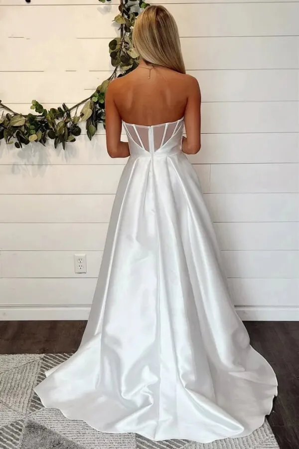 Simple Satin A-line Strapless Wedding Dresses With Slit, Bridal Gown, SW678