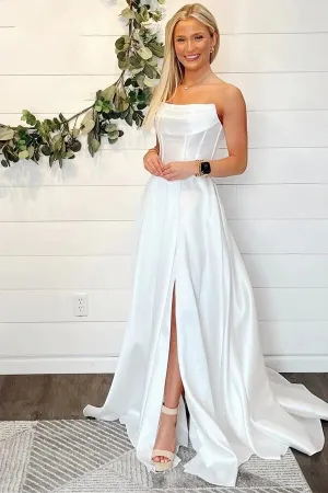 Simple Satin A-line Strapless Wedding Dresses With Slit, Bridal Gown, SW678