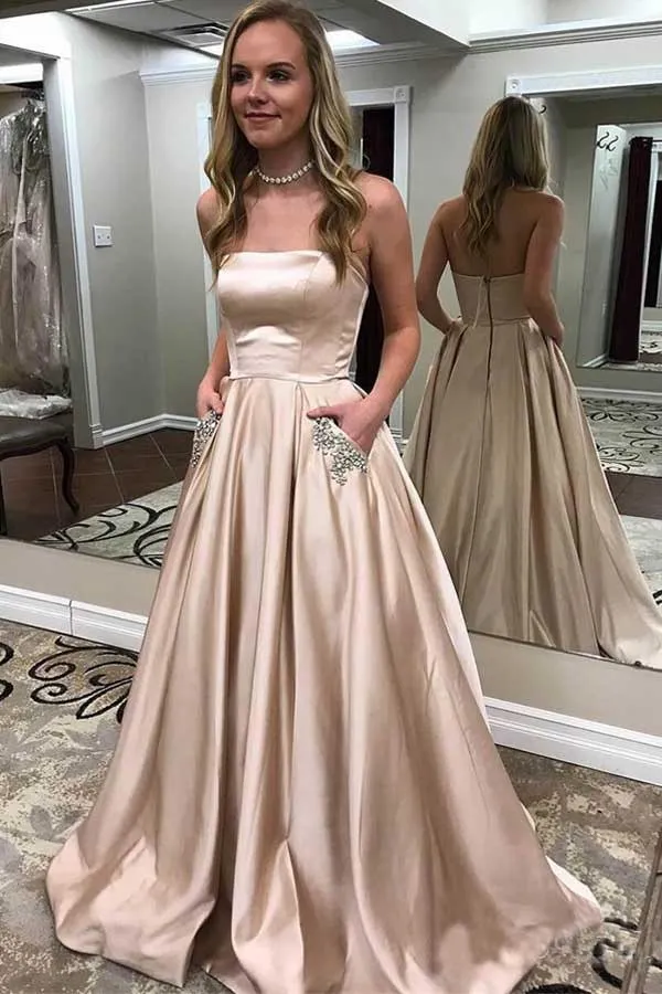 Simple Satin Off-the-Shoulder A-Line Strapless Prom Dresses With Pocket, SP622