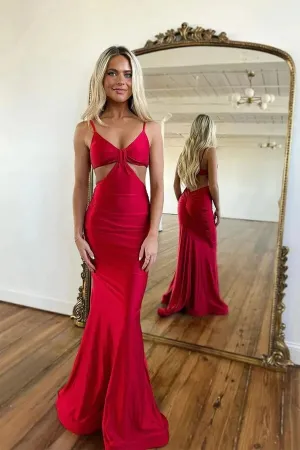 Simple Sexy Red Sheath Spaghetti Straps Prom Dresses, Evening Dresses, SLP014