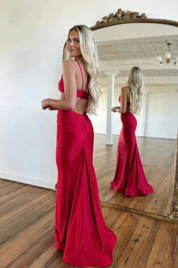 Simple Sexy Red Sheath Spaghetti Straps Prom Dresses, Evening Dresses, SLP014