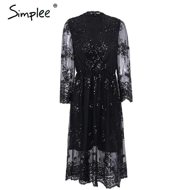 Simplee V neck long sleeve sequin party dresses women Sexy mesh streetwear christmas midi dress female 2017 autumn dress vestido