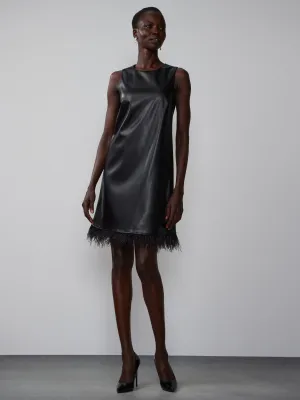 Sleeveless Feather Trim PU Mini Dress