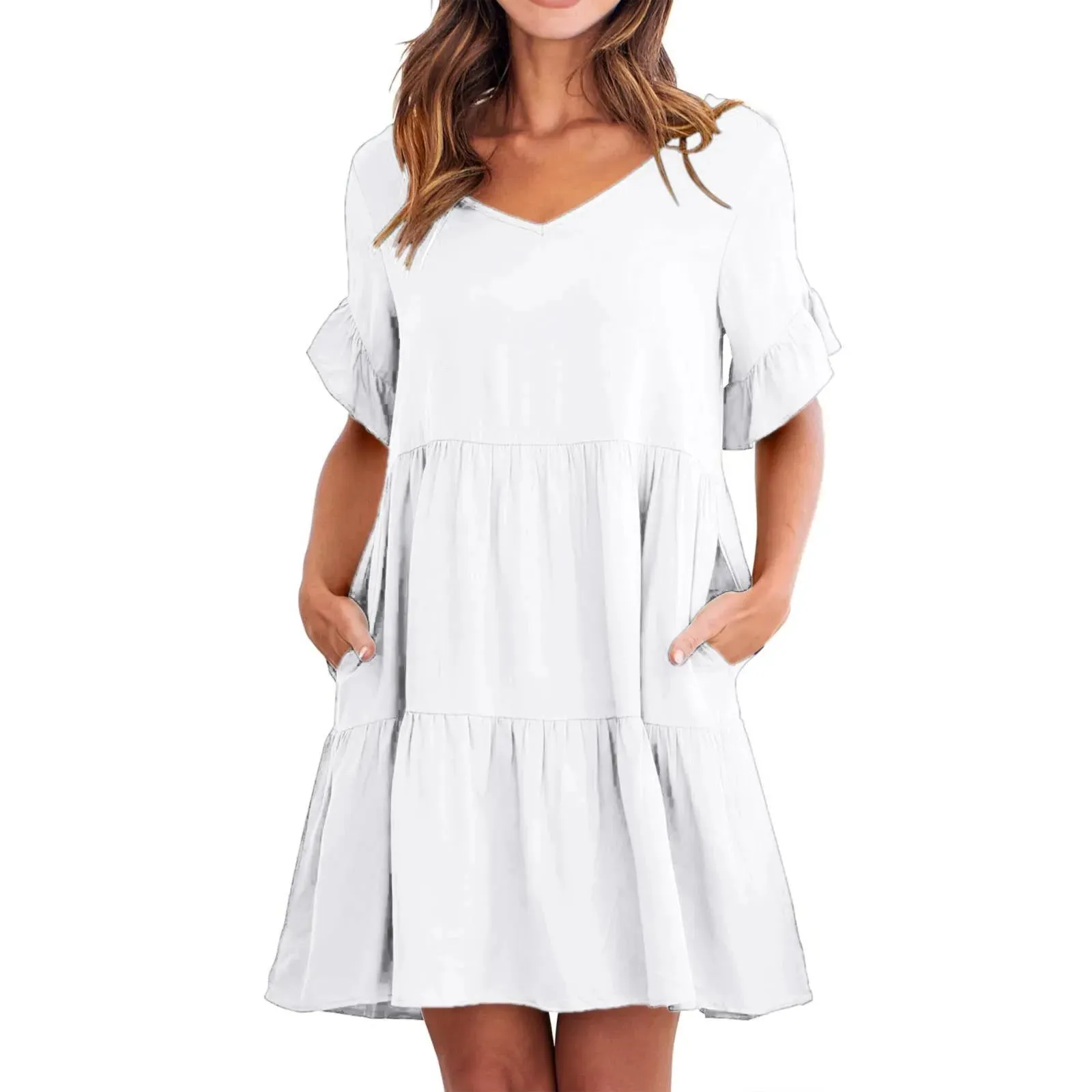 Solid Vintage Fashionable V-Neck Half-Sleeved Beach Elegant Plus Size Mini Casual Summer Dress