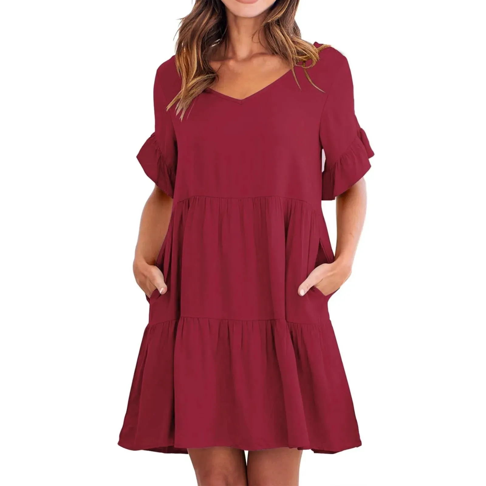 Solid Vintage Fashionable V-Neck Half-Sleeved Beach Elegant Plus Size Mini Casual Summer Dress