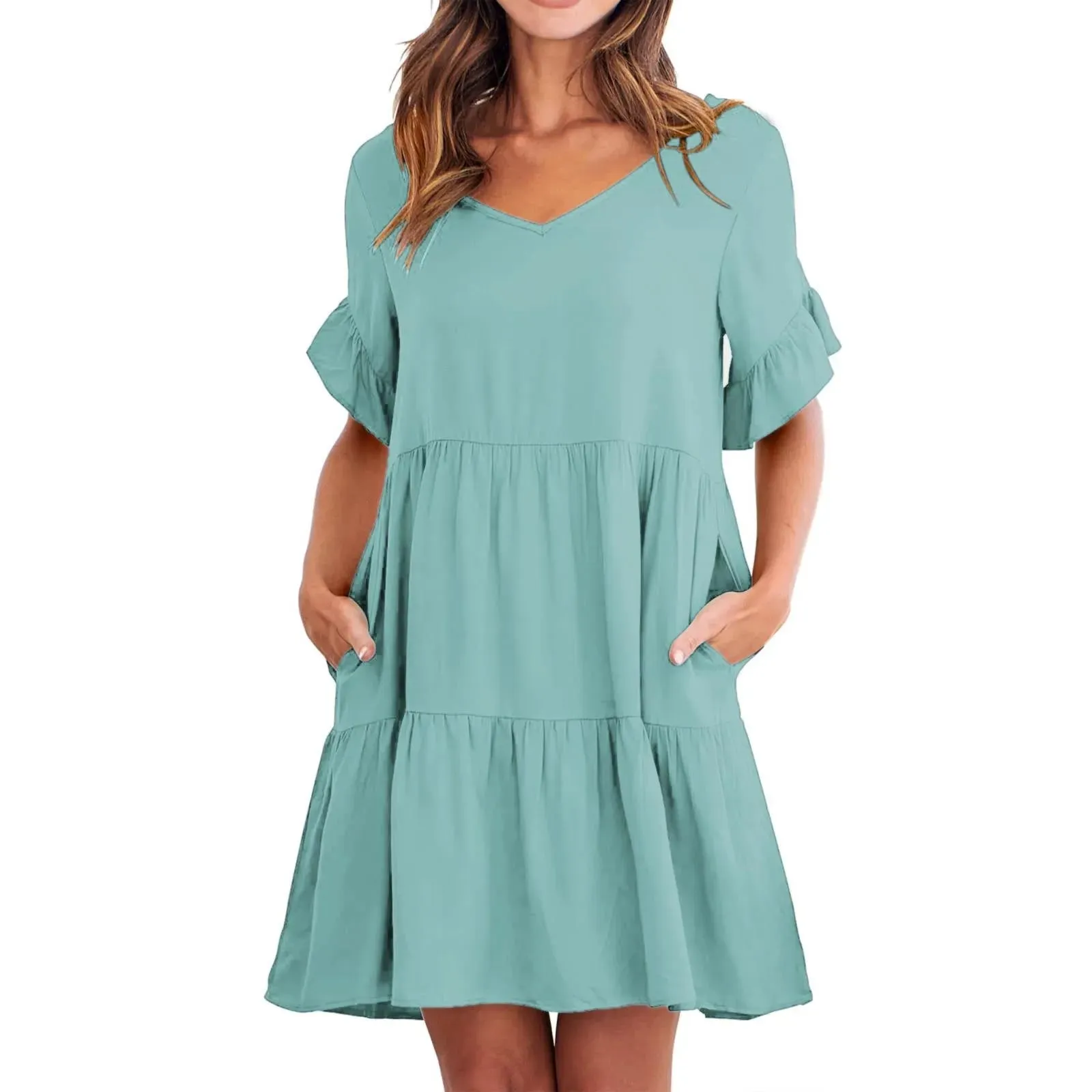 Solid Vintage Fashionable V-Neck Half-Sleeved Beach Elegant Plus Size Mini Casual Summer Dress