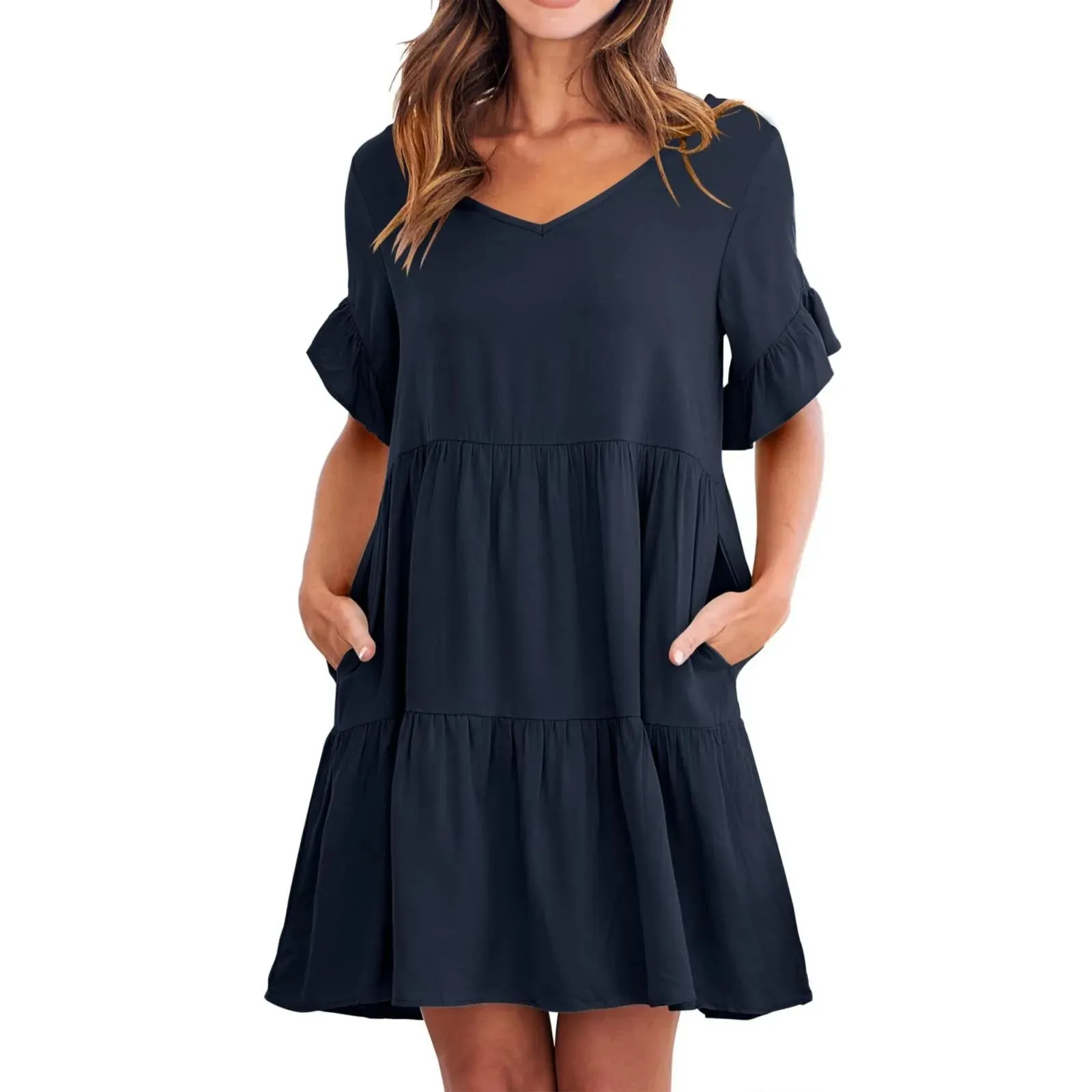 Solid Vintage Fashionable V-Neck Half-Sleeved Beach Elegant Plus Size Mini Casual Summer Dress