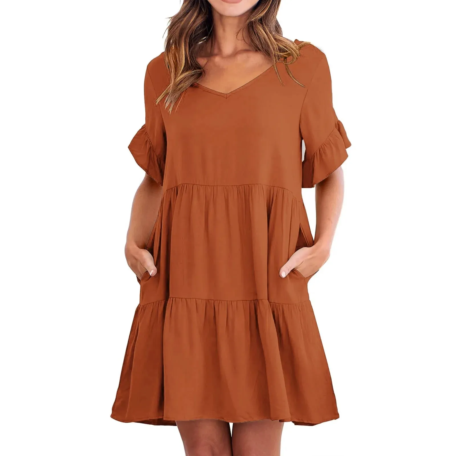 Solid Vintage Fashionable V-Neck Half-Sleeved Beach Elegant Plus Size Mini Casual Summer Dress