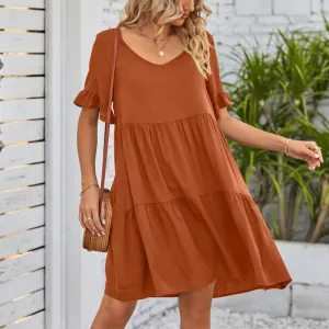 Solid Vintage Fashionable V-Neck Half-Sleeved Beach Elegant Plus Size Mini Casual Summer Dress