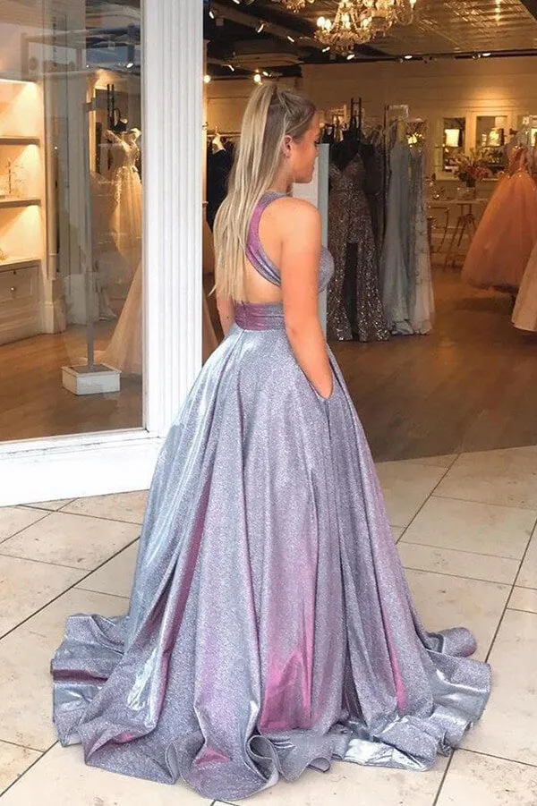 Sparkly A-line V-neck Sleeveless Prom Dresses, Long Formal Dresses, SP736