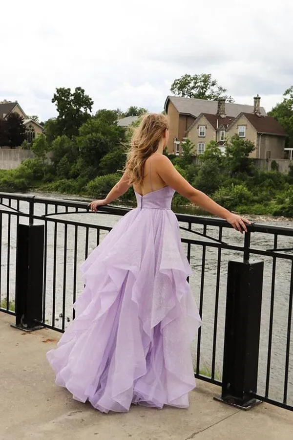 Sparkly Lavender Tulle A-line V-neck Long Prom Dresses, Evening Gowns, SP719