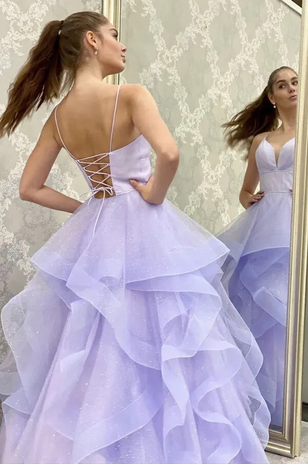 Sparkly Purple Tulle A-line V-neck Long Prom Dresses, Evening Gowns, SP857