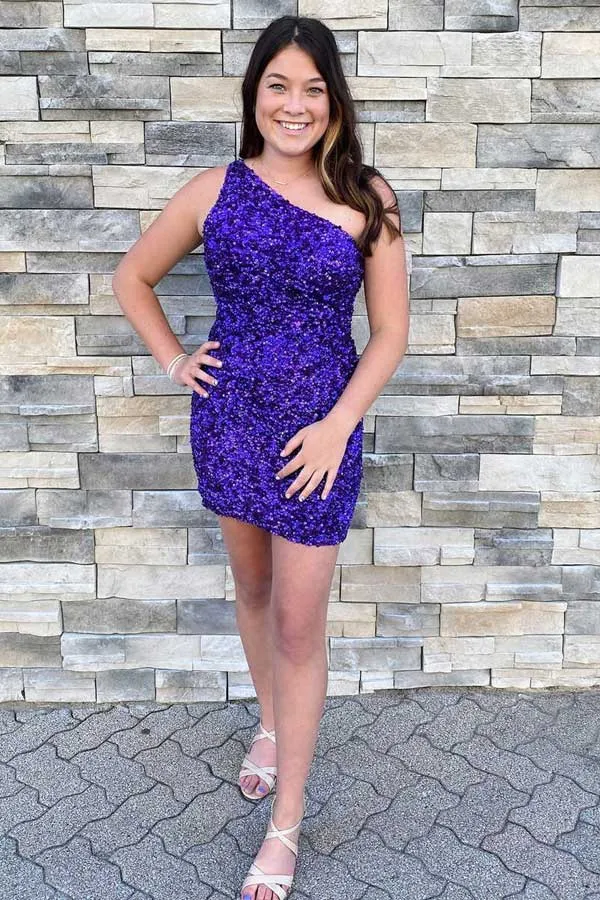 Sparkly Sequins One Shoulder Tight Homecoming Dresses, Graduation Dress, SH622