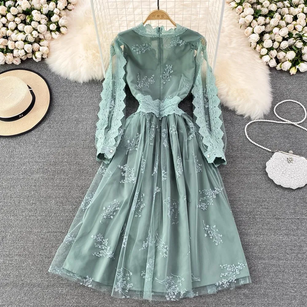 Spring V-neck Long-sleeved Mesh A-line Dress Elegant Long Skirt  356