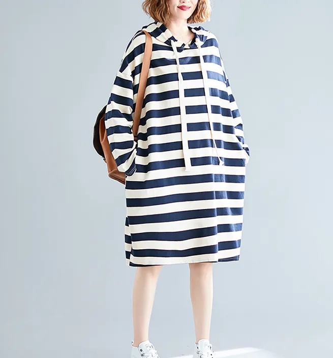 Stripe Hooded Loose Fall Dresses Casual Women Dresses SSM97213