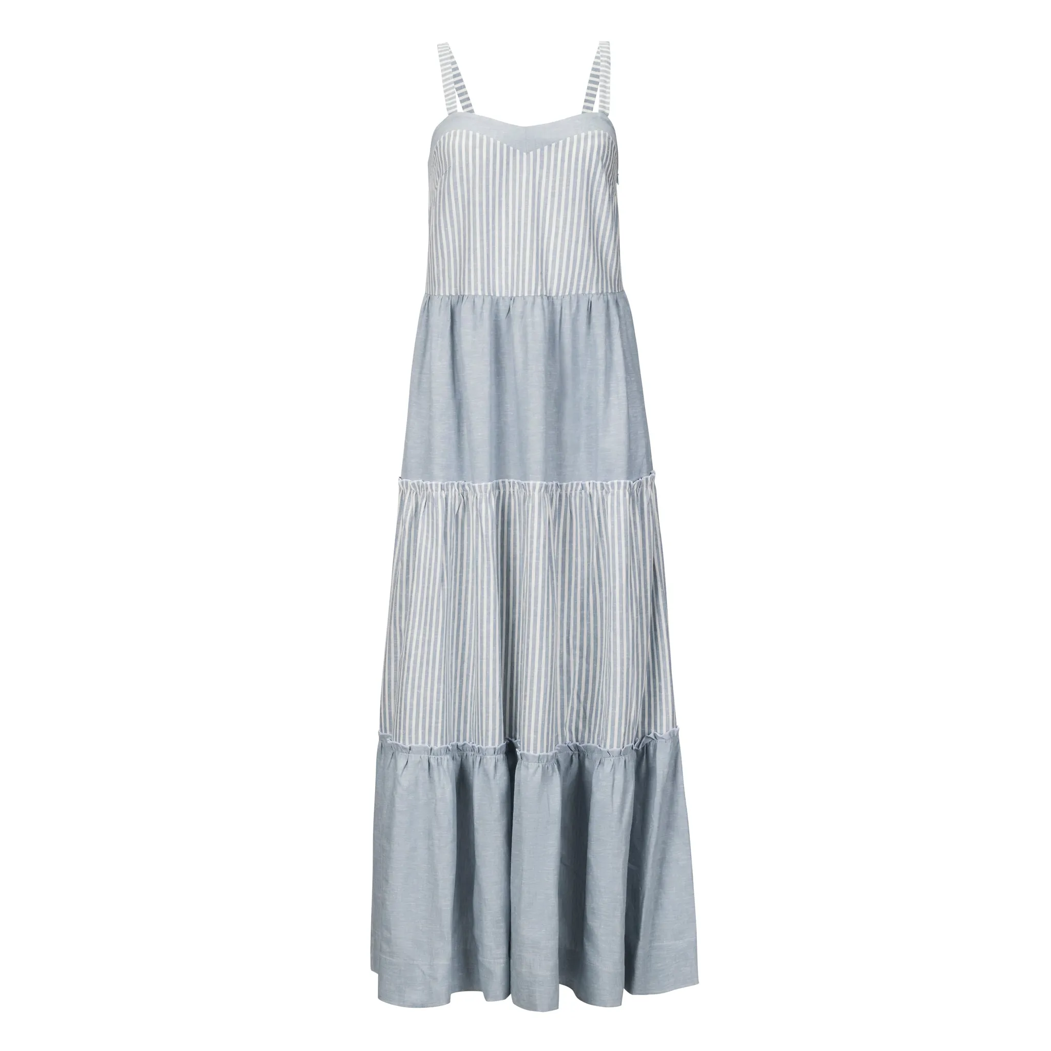 Striped Linen Tiered Sundress - Blue