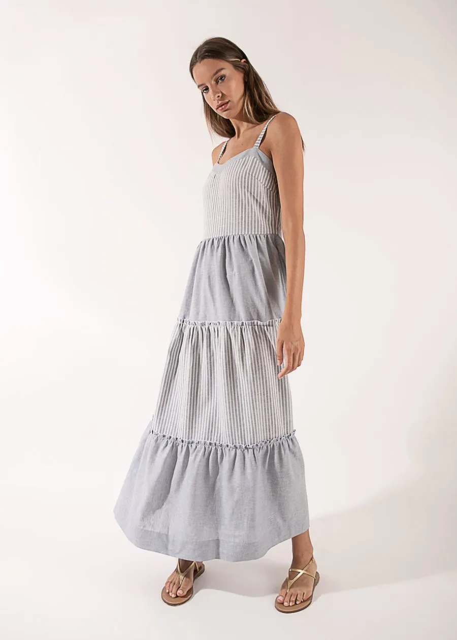 Striped Linen Tiered Sundress - Blue