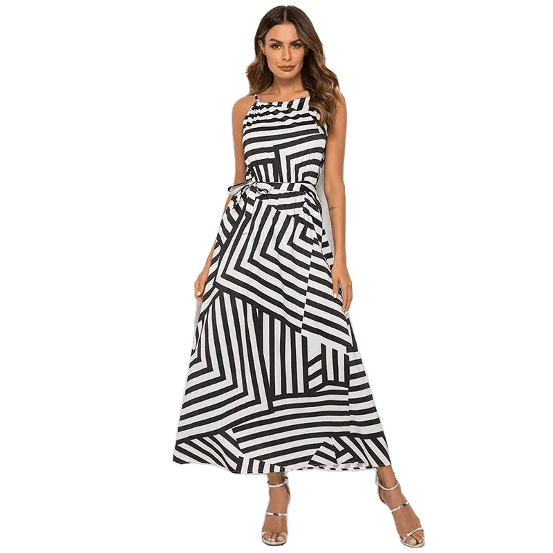 Summer Sexy Boho Striped O-Neck Sleeveless Maxi Long Dress For Female