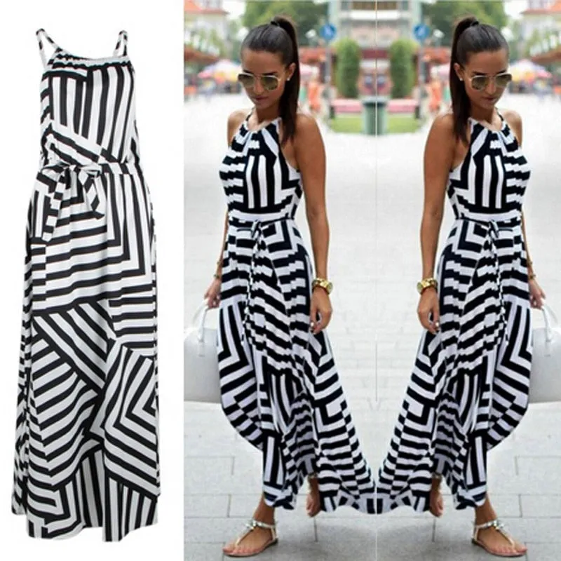 Summer Sexy Boho Striped O-Neck Sleeveless Maxi Long Dress For Female