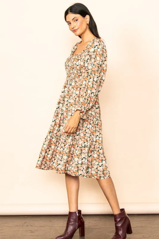 Sunset Floral Smocked Chest Tiered Midi Dress