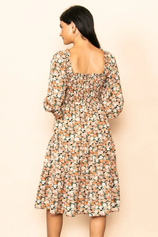 Sunset Floral Smocked Chest Tiered Midi Dress