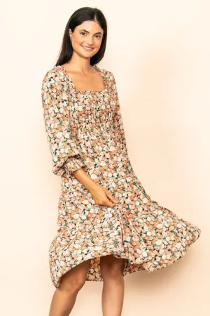 Sunset Floral Smocked Chest Tiered Midi Dress