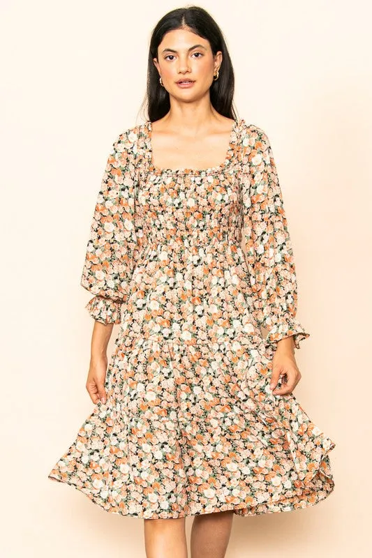 Sunset Floral Smocked Chest Tiered Midi Dress