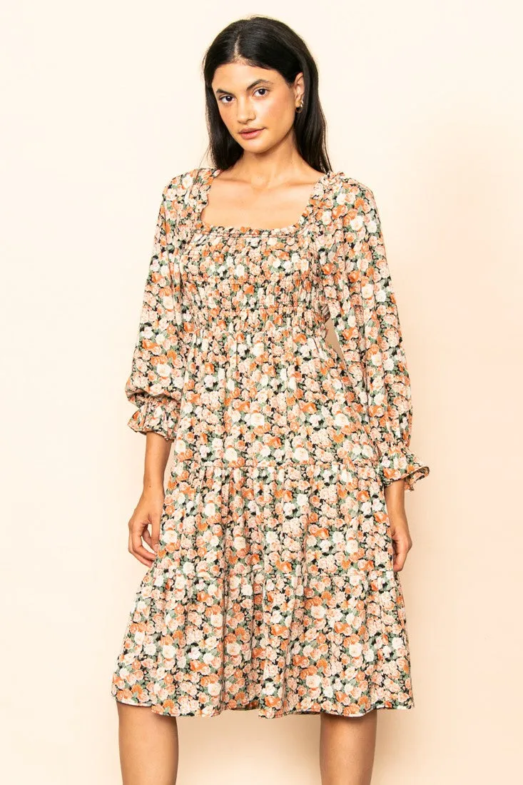 Sunset Floral Smocked Chest Tiered Midi Dress