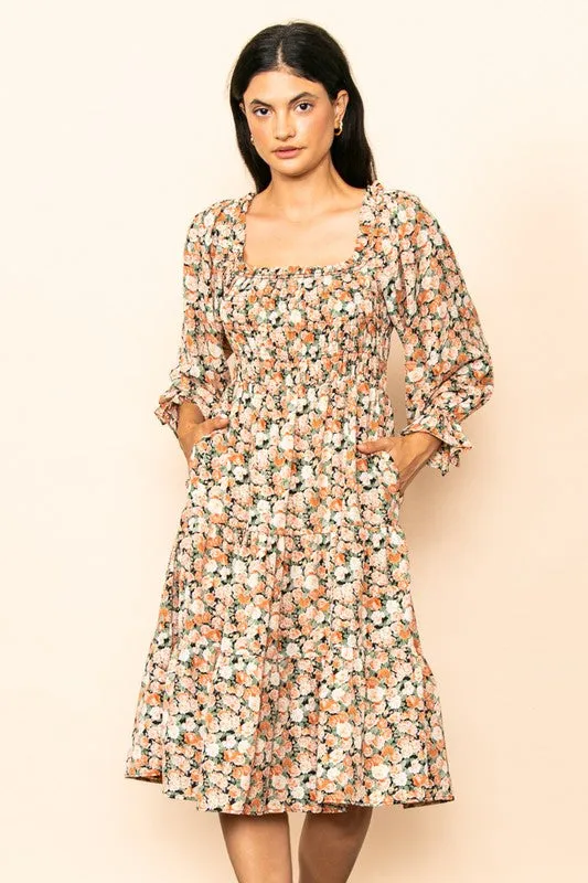 Sunset Floral Smocked Chest Tiered Midi Dress