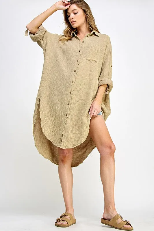 Taupe Double Gauze Button Down Shirts Dresses