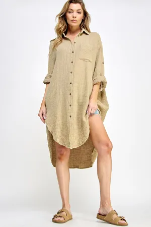 Taupe Double Gauze Button Down Shirts Dresses