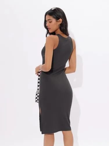 The Souled Store Solids: Charcoal Grey Women and Girls Sleeveless Round Neck Polyester Blend Ribbed Bodycon Dresses