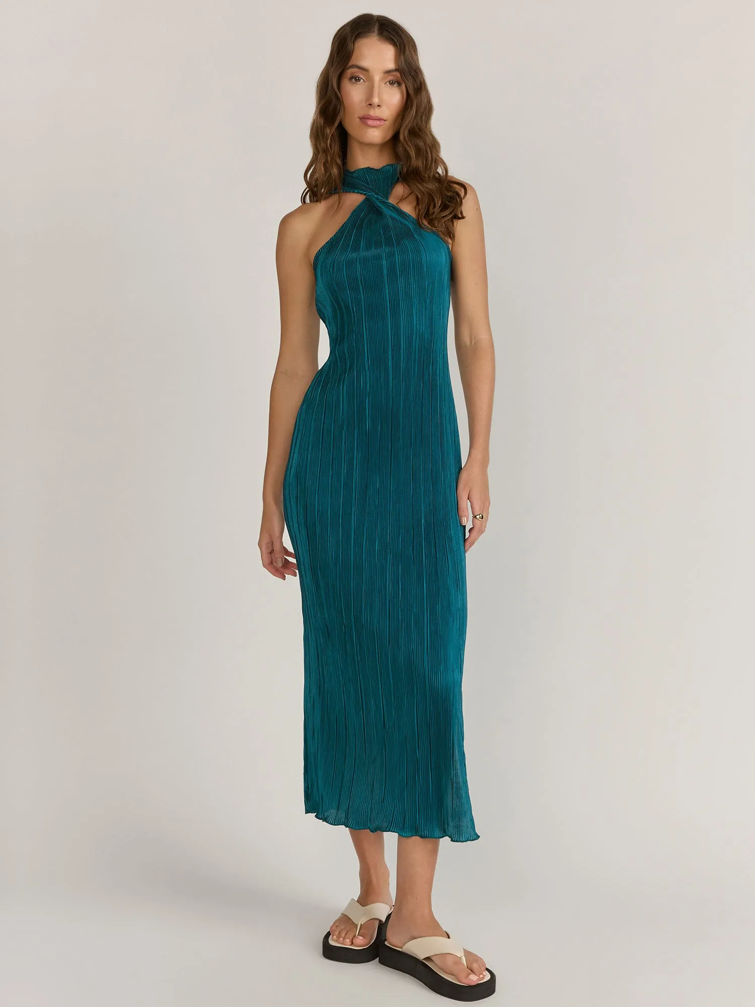 Twist Halterneck Plissé Midi Dress - Fore Collection