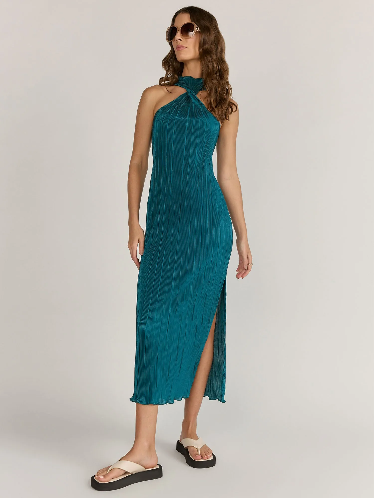 Twist Halterneck Plissé Midi Dress - Fore Collection