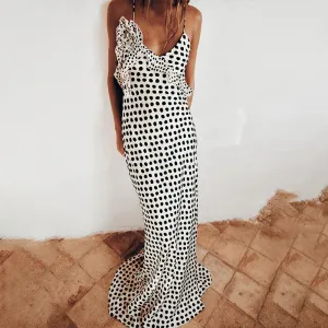 V-Neck Ruffle Spaghetti Strap Cocktail Elegant Banquet Long Polka Dot Flower Slim Club Party Summer Fene Dress