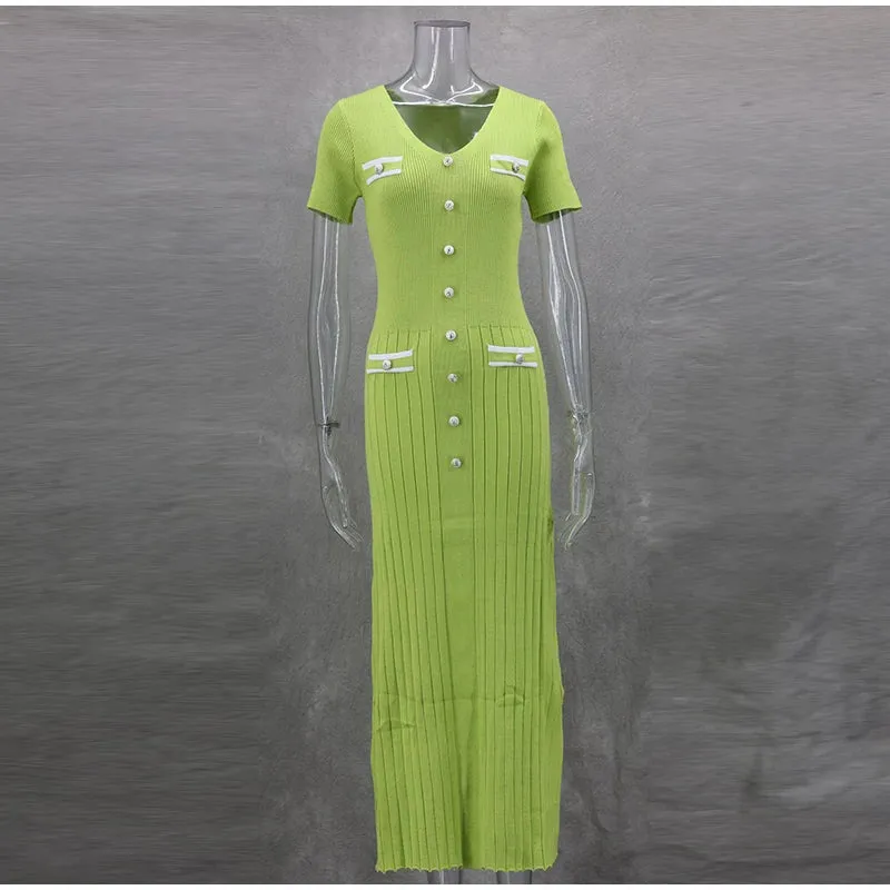 V-neck Short Sleeve Lady Robe, Elegant Knit Long Dress Women Chic Button Ribbed Slim Hip Package Female Dresses