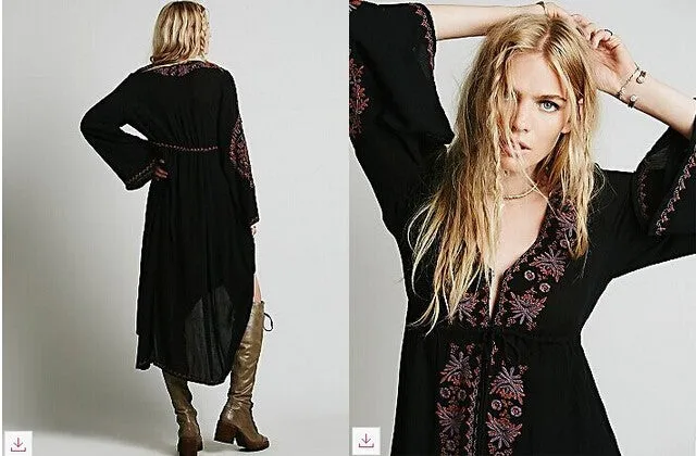 VenusFox Vintage Flower Embroidered Cotton Tunic Hippie Long Dress