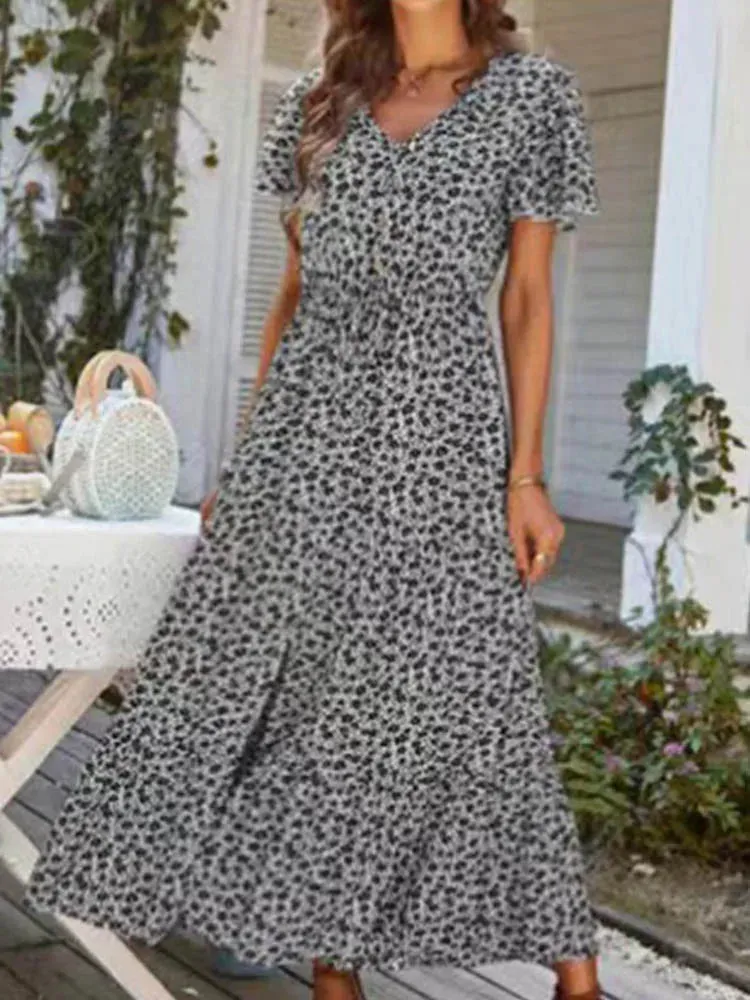 Vintage Floral Elegant Loose New Slit Holiday Leisure Print Midi Dresses