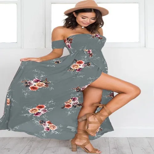 Vintage Sexy Side Split Off Shoulder Print Maxi Dress For Ladies