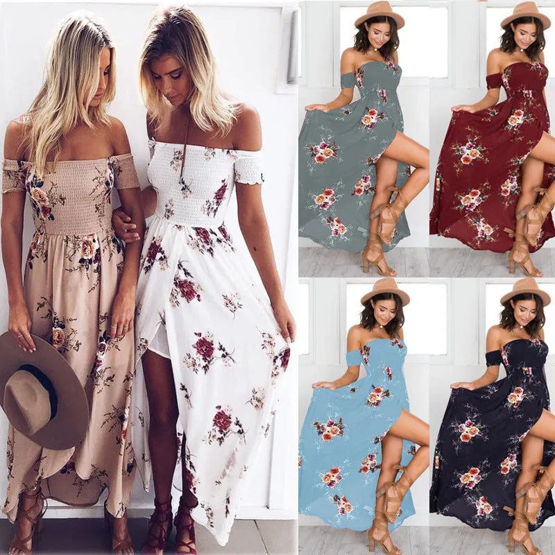 Vintage Sexy Side Split Off Shoulder Print Maxi Dress For Ladies