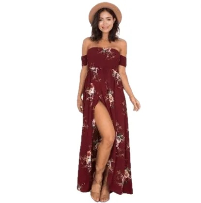 Vintage Sexy Side Split Off Shoulder Print Maxi Dress For Ladies