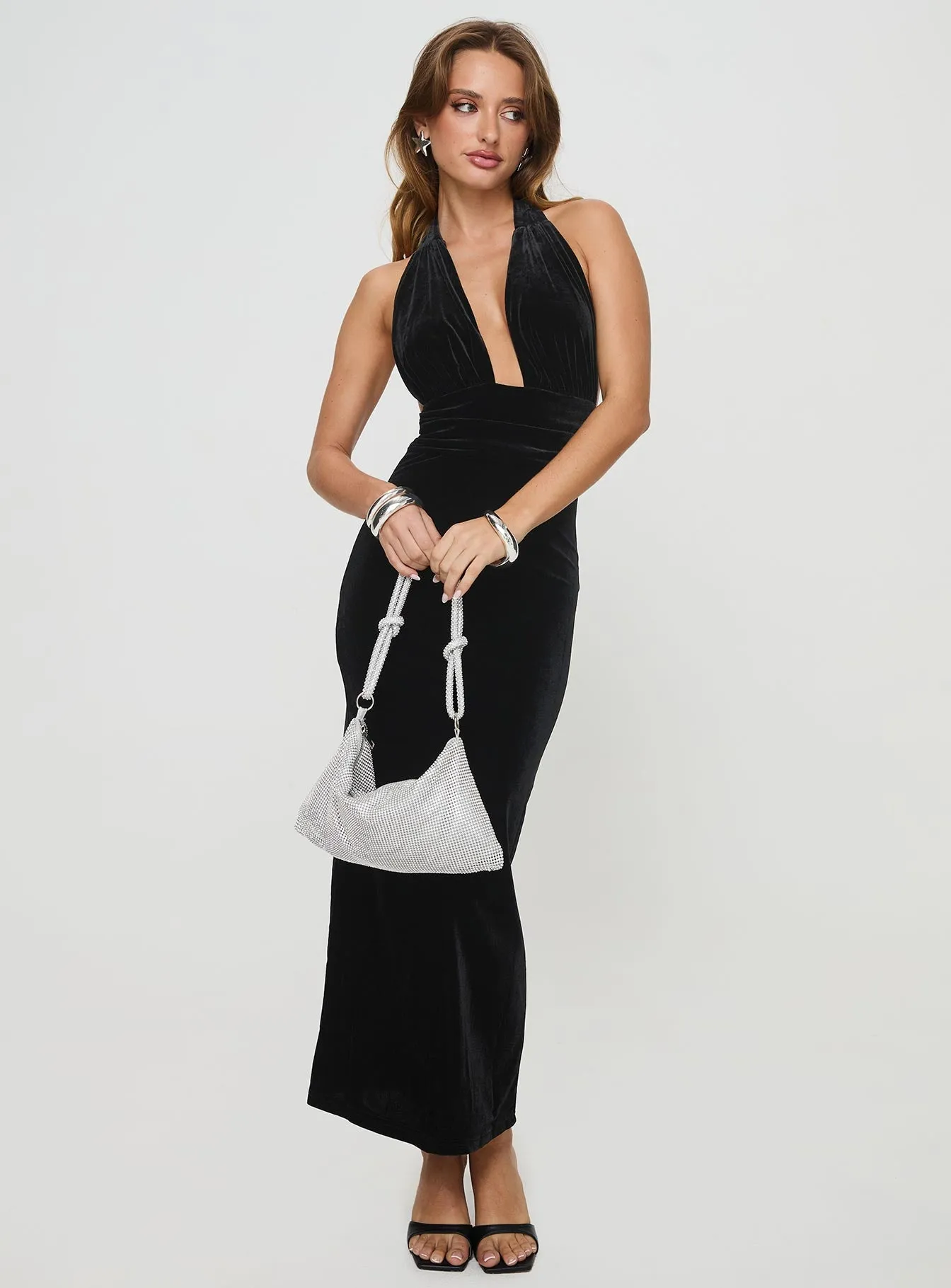 Vivacious Velvet Halter Maxi Dress Black