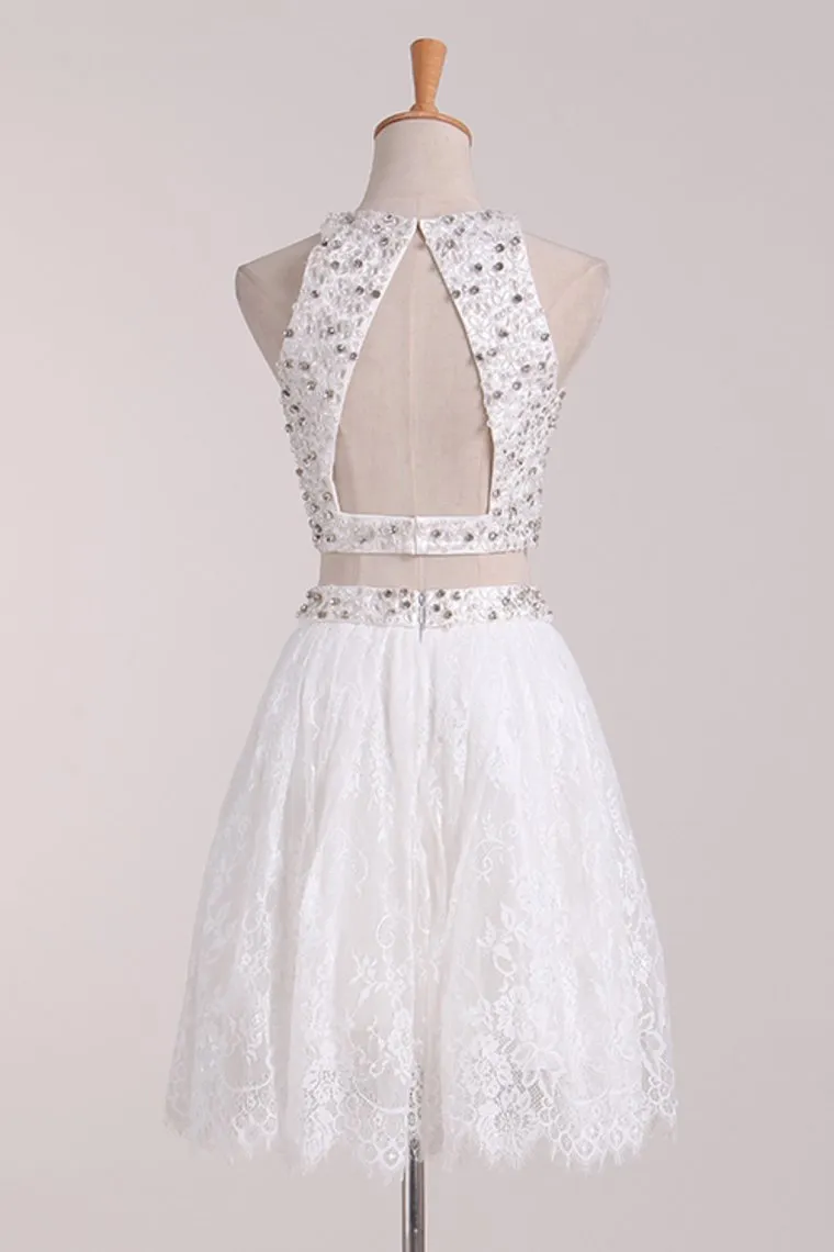 White Homecoming Dresses Scoop Lace Two Pieces