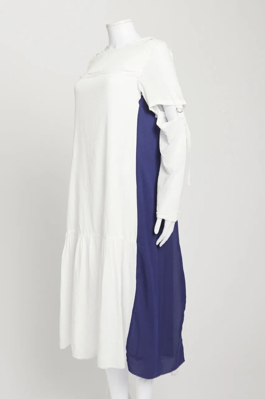 White Midi Dress With Cut Out Sleeves And Blue Panels