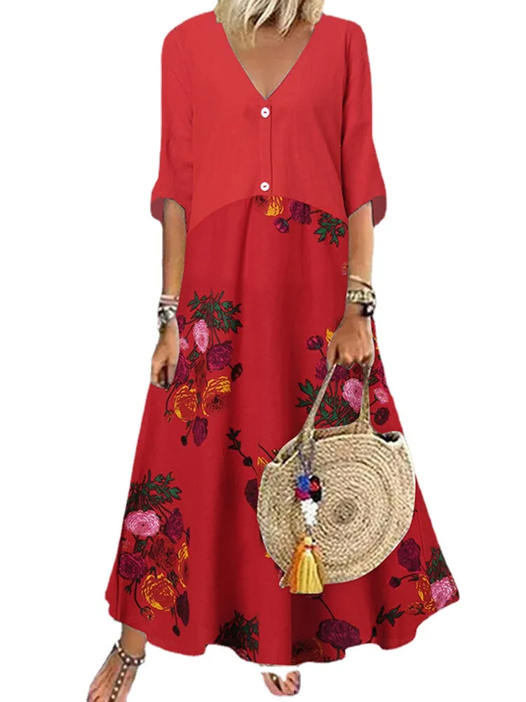 Women Bohemian 100% Cotton Floral Printed Ankle Length Midi Dresses