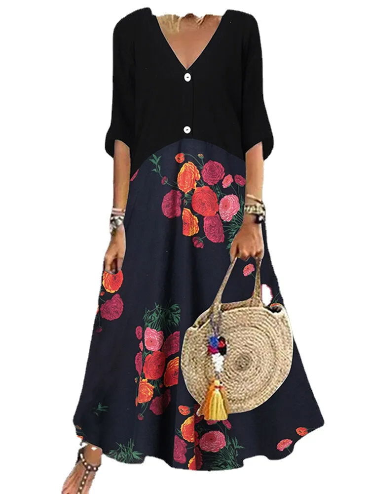 Women Bohemian 100% Cotton Floral Printed Ankle Length Midi Dresses