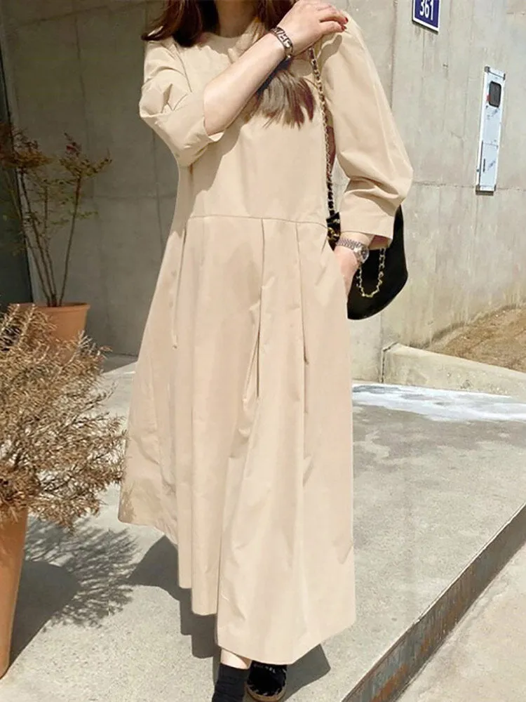 Women Long Sleeve Shirt Pockets Solid Ankle Length Midi Dresses