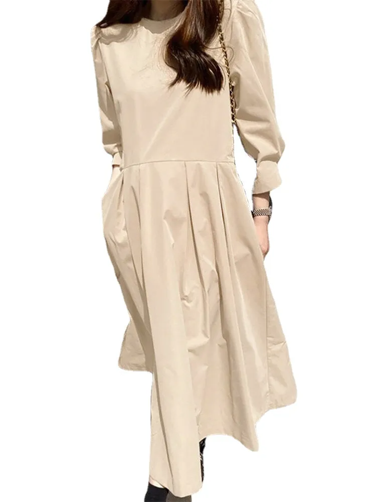 Women Long Sleeve Shirt Pockets Solid Ankle Length Midi Dresses